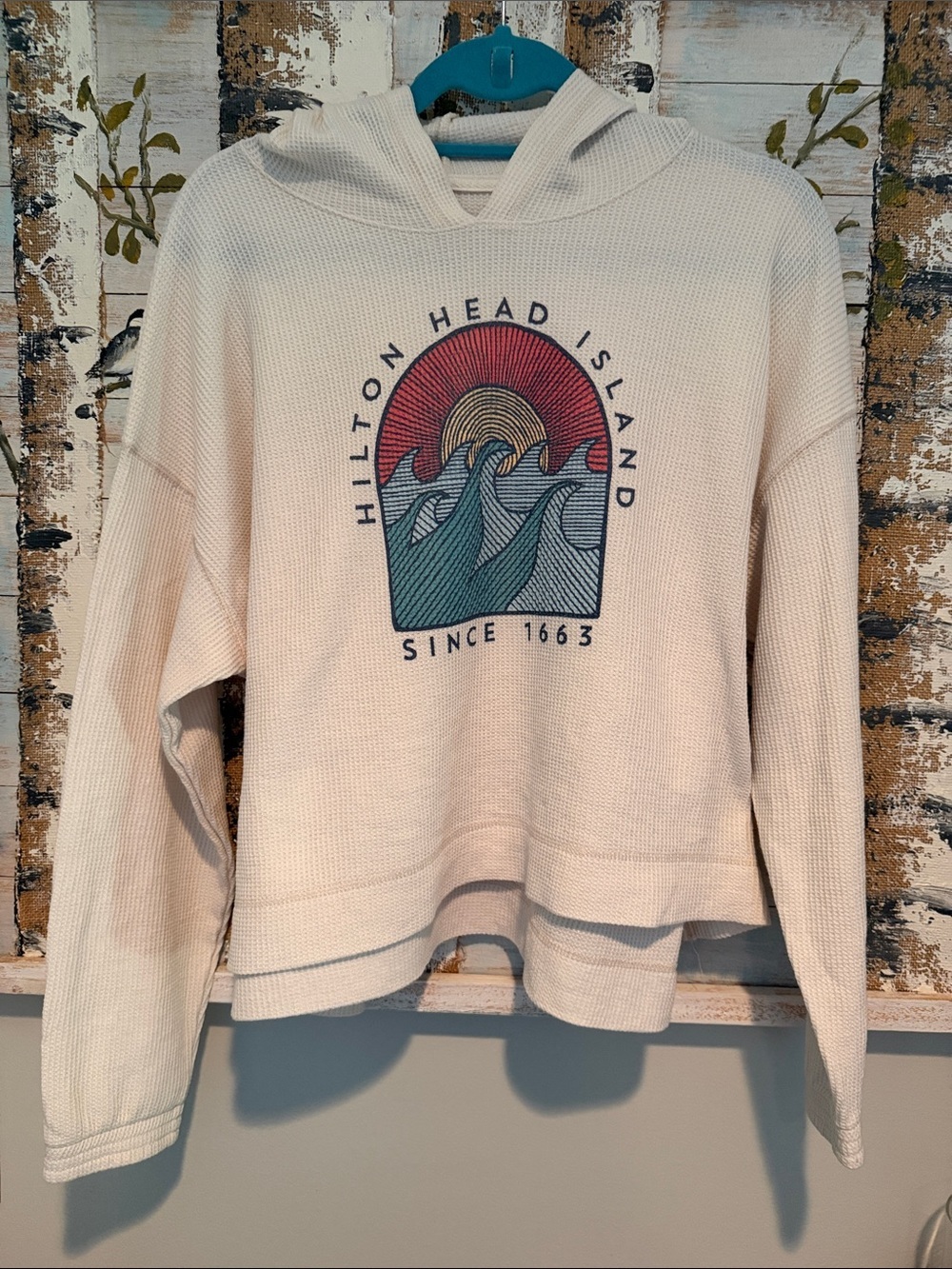 League Cream Hooded Waffle Knit Sweater with Multicolor Hilton Head Wave Graphic